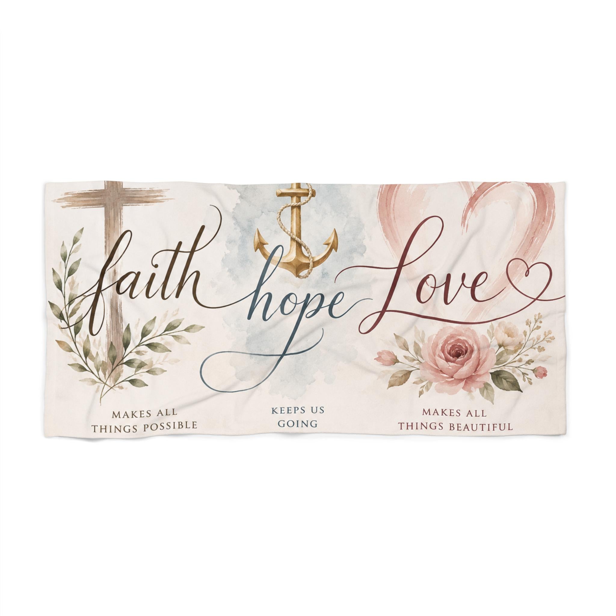 Faith Hope Love Beach Towel: Christian Anchor Cross Floral Design
