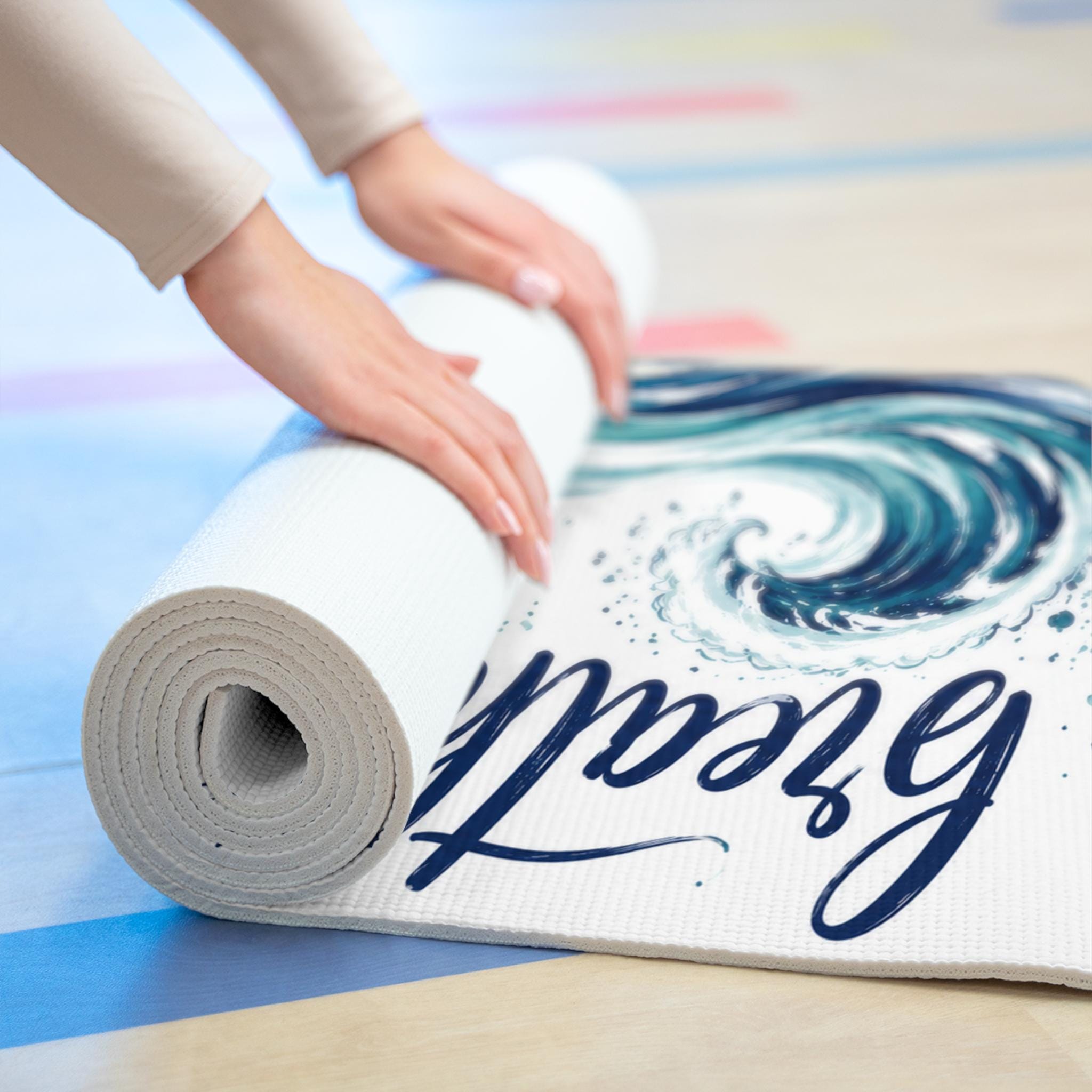 Breathe Let Go Find Peace Foam Yoga Mat | Ocean Wave Script